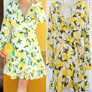 NWT Ella Moon Lemon Print Faux Wrap Ruffle Dress Size M